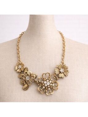 Gold Floral Bib Necklace | Rhinestone Statement Necklace